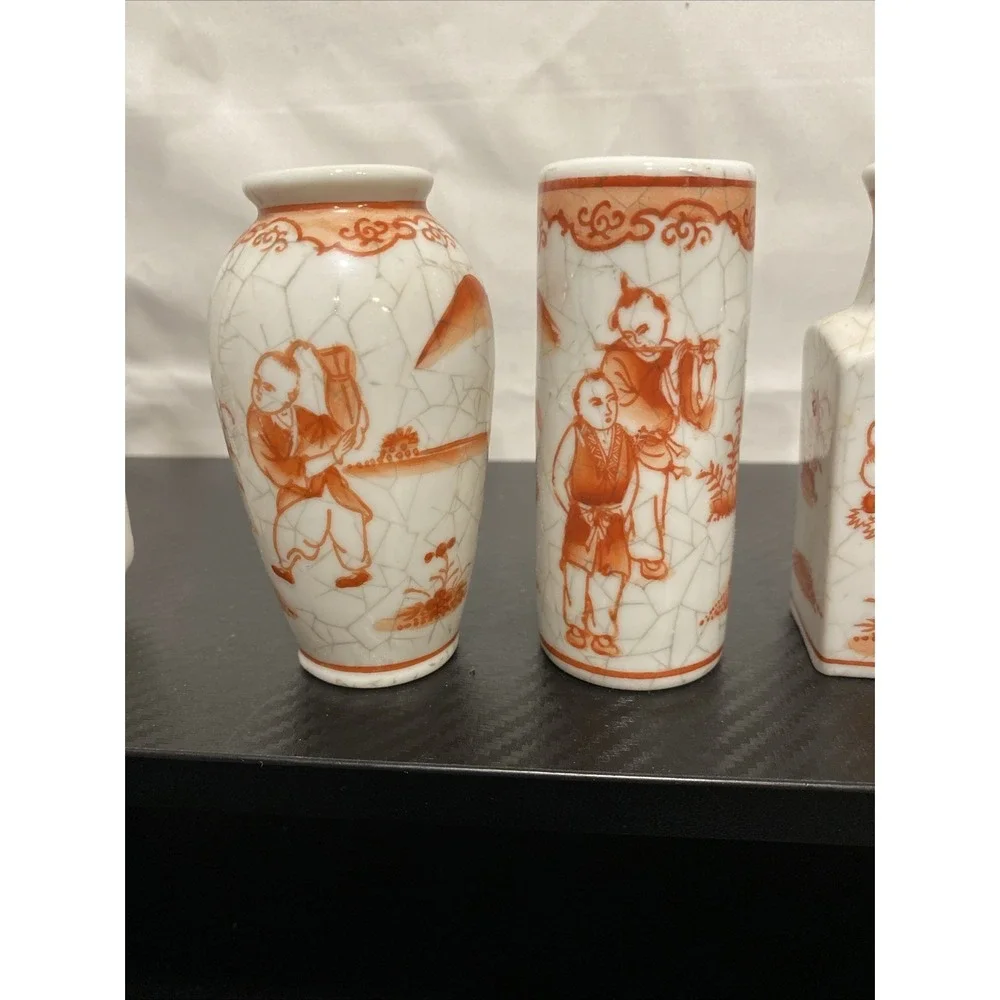 Vintage Oriental Objects D'Art Orange & White Crackle Mini Vases  Decorative 4